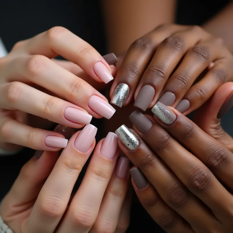 Variedade de designs de unhas decoradas em mãos diversas, refletindo a beleza brasileira.