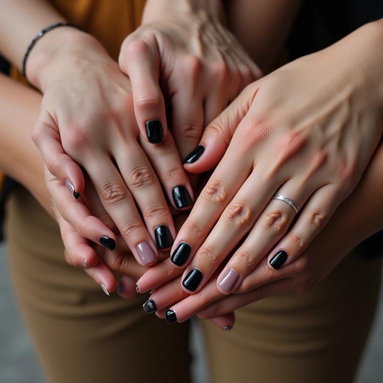 Variedade de designs modernos de unhas pretas decoradas em mãos diversas.