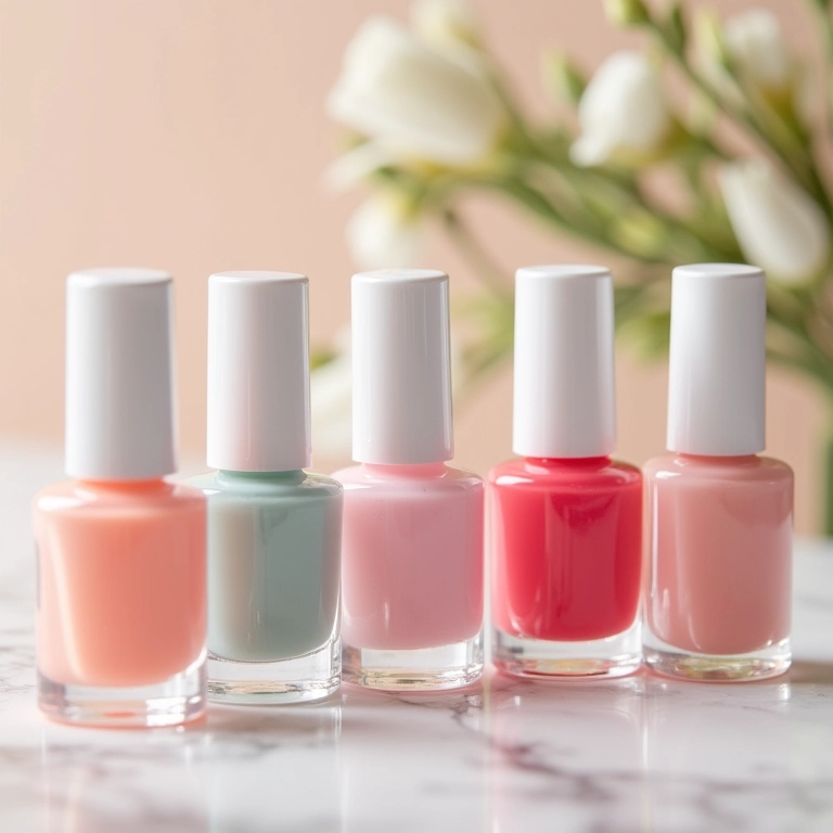Variedade de esmaltes hipoalergênicos em tons pastel suaves em ambiente clean.