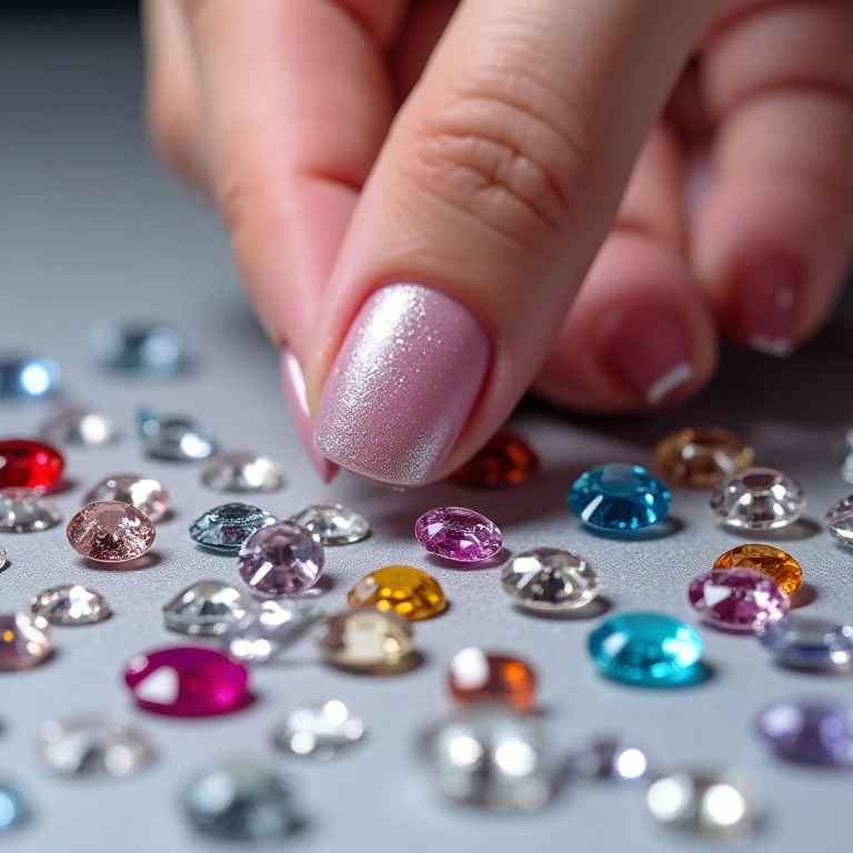 Variedade de pedrarias para unhas decoradas em close-up.