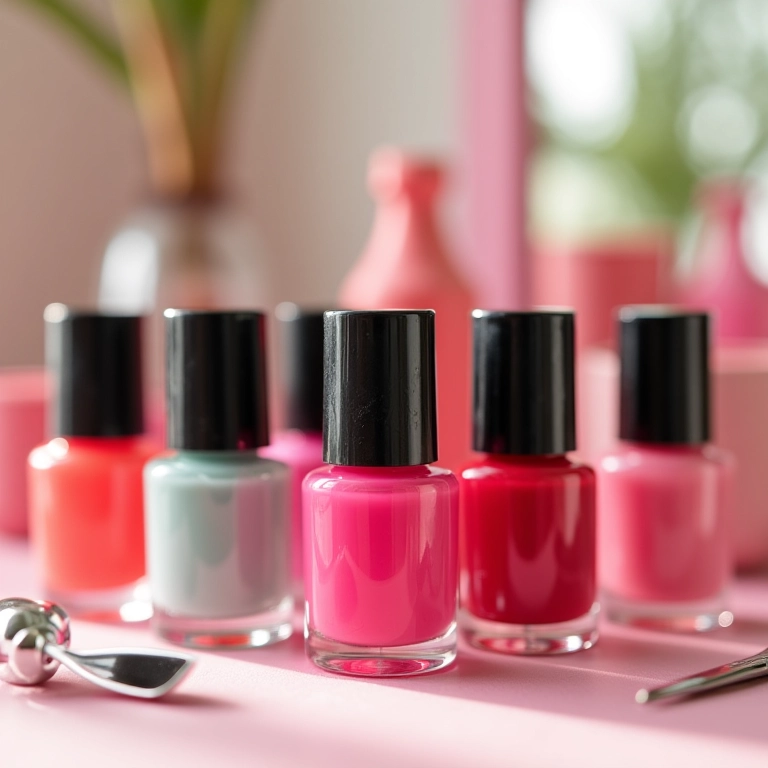 Variedade de removedores de esmalte coloridos em uma penteadeira vibrante.