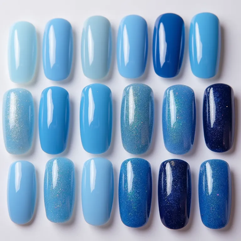 Variedade de tons de azul para unhas de gel com glitter.