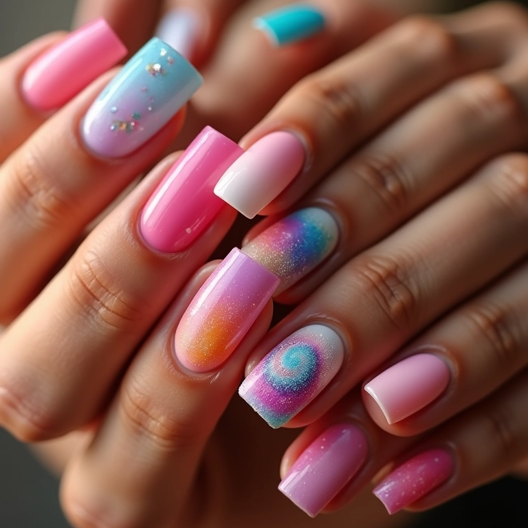 Variedade de unhas decoradas em fibra de vidro com diferentes estilos e cores.