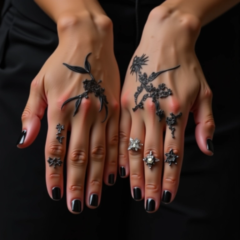 Variedade de unhas decoradas em preto, com diferentes estilos e designs.