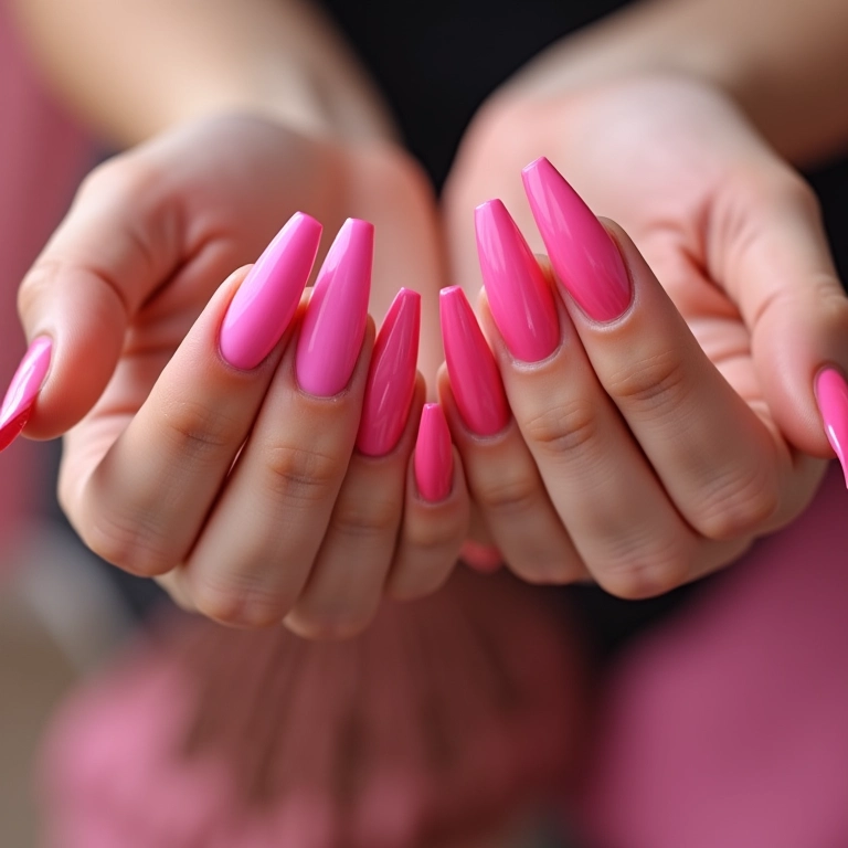 Variedade de unhas decoradas rosa em mãos diversas.