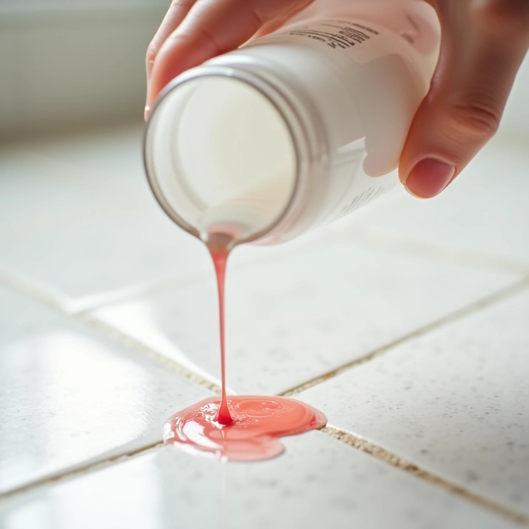 Vinagre branco sendo usado para limpar mancha de esmalte no piso.