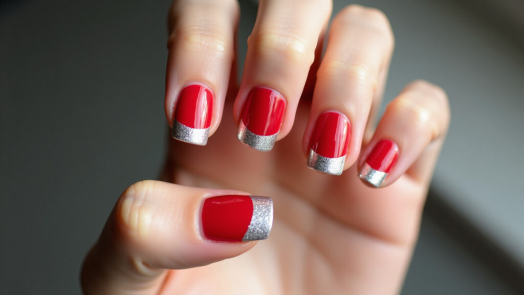 Woman's hand displaying red gel nails with a modern inverted French manicure in silver, Unha de gel vermelha com francesinha invertida prata.