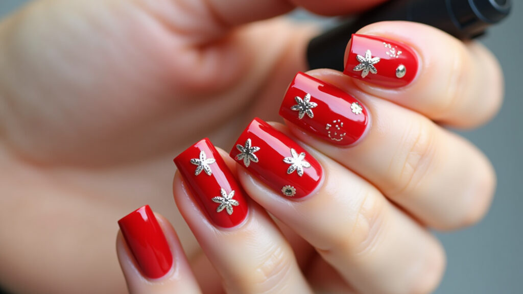 Woman's hand displaying red gel nails with various nail stickers, flowers and abstract shapes, Unha de gel vermelha decorada com adesivos.