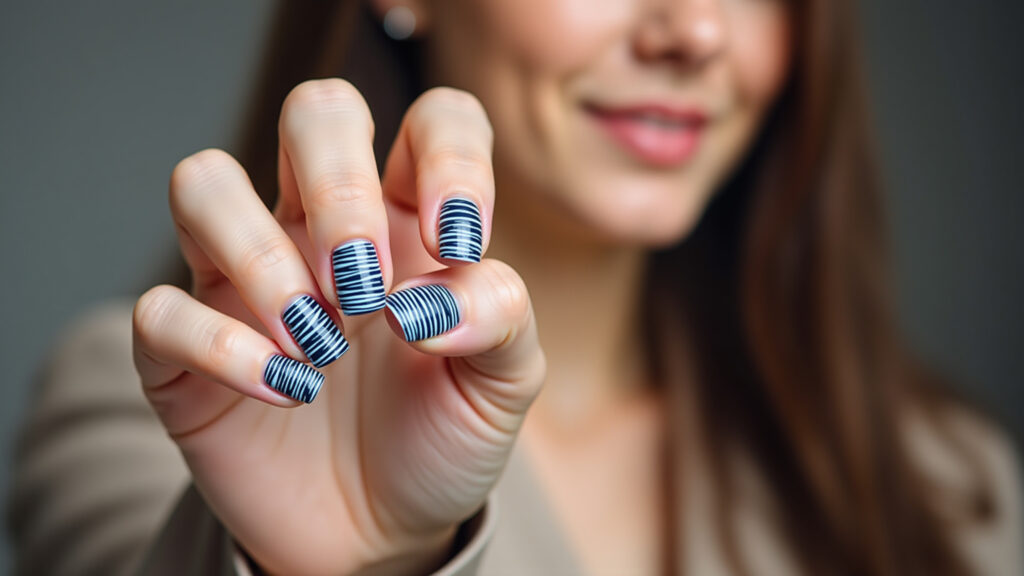Woman's hand with Grêmio-themed striped nail art, blue, black and white. Lifestyle photography, 8K Unhas listradas com as cores do Grêmio: azul, preto e branco.
