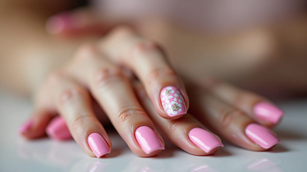 Woman's hand with pink nail polish, one nail with white floral design, soft focus, natural light, Filha única rosa com detalhes florais brancos.