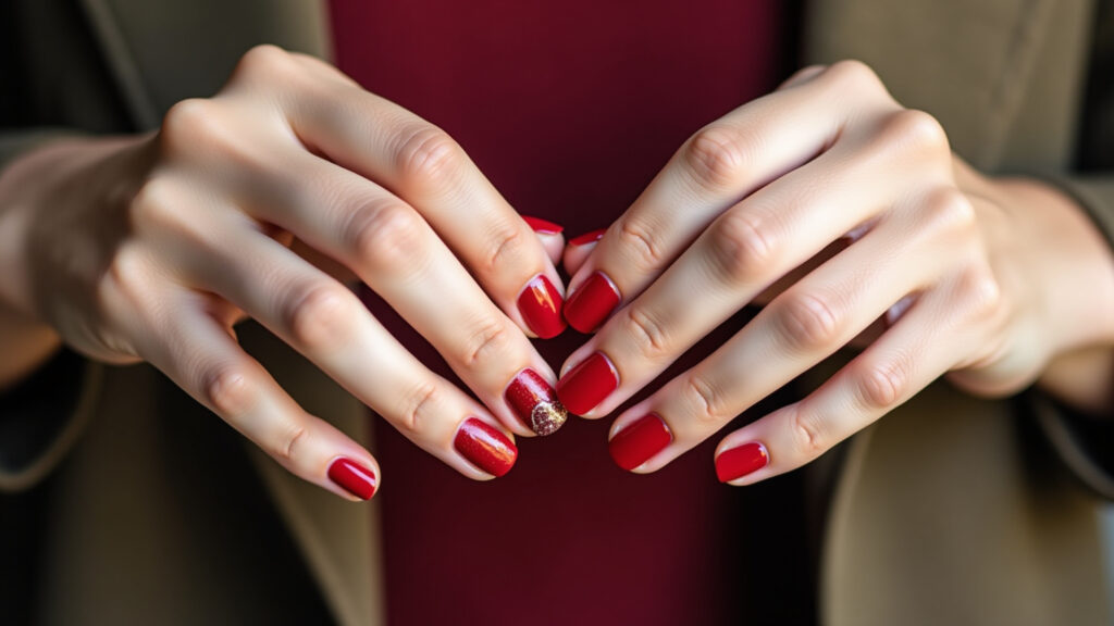 Woman's hands with classic red Christmas nail polish, subtle glitter accent. Professional Unhas vermelhas clássicas para o Natal, um toque de elegância.