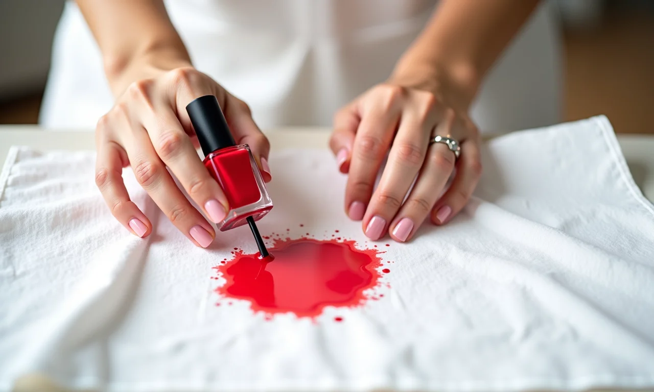 Ação imediata: limpando esmalte vermelho fresco derramado em tecido branco com papel toalha.
