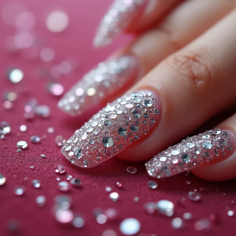 Acessórios brilhantes para nail art: strass e glitter.