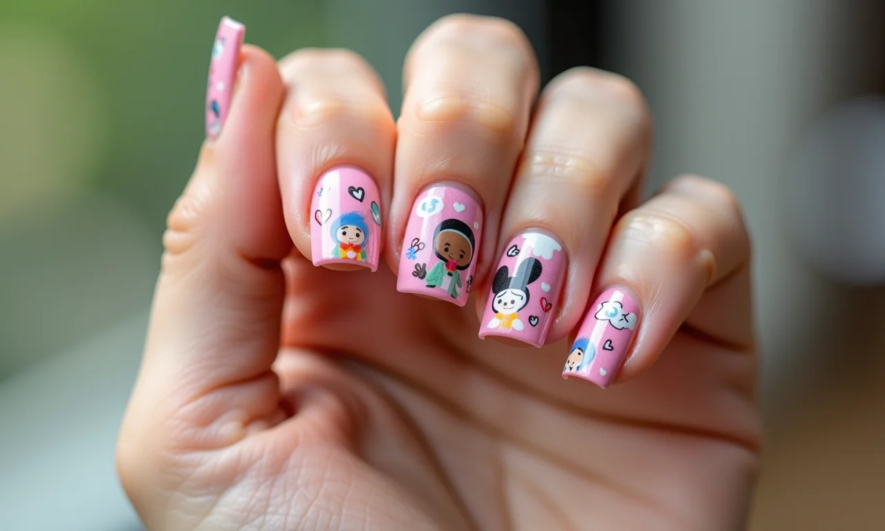 Adesivos divertidos decorando unhas de fibra de vidro quadradas.