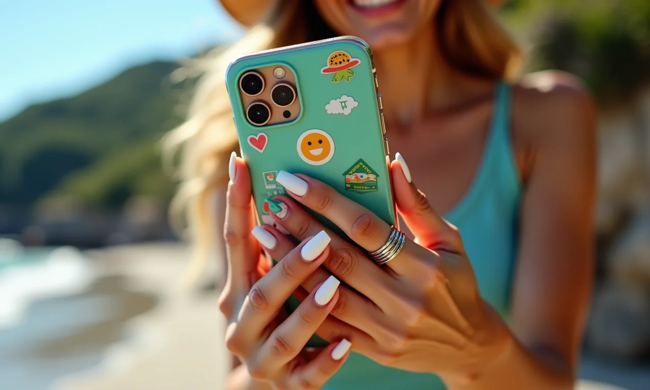 Adesivos divertidos em unhas almond brancas para praticidade.