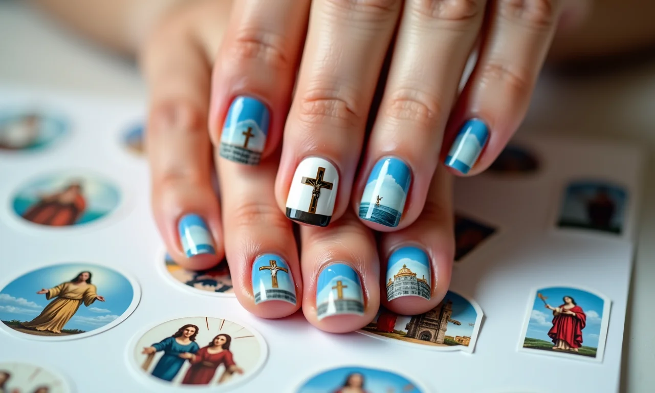 Adesivos temáticos de terço e cruz em unhas.