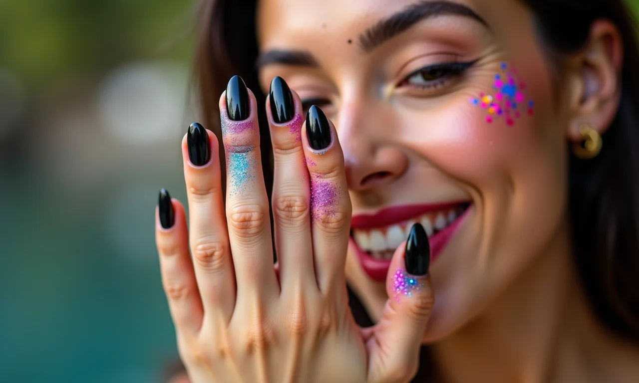 Alegria e diversão: unhas pretas com glitter colorido.
