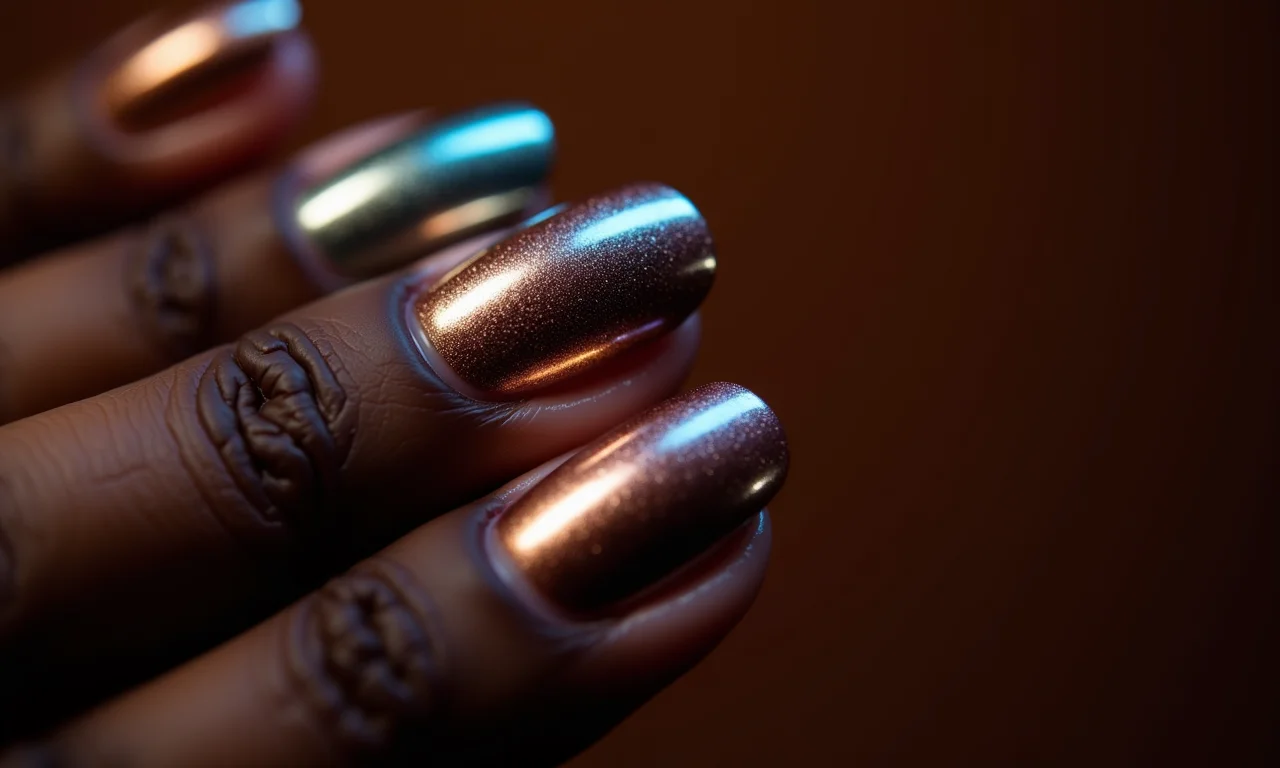 Amostras de esmalte metálico em mão escura, mostrando acabamento reflexivo.