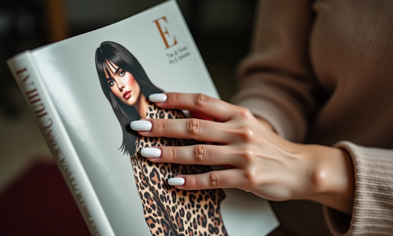 Animal print delicado em unhas almond brancas.