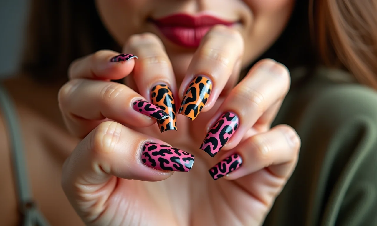 Animal print moderno em unhas de fibra de vidro.