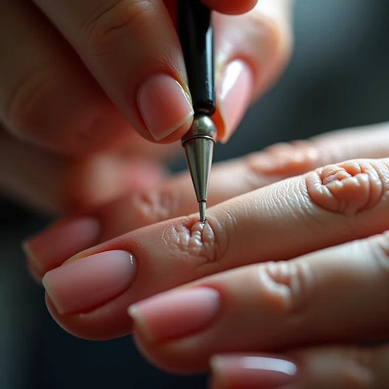 Aplicação da fibra de vidro nas unhas: close-up da técnica.