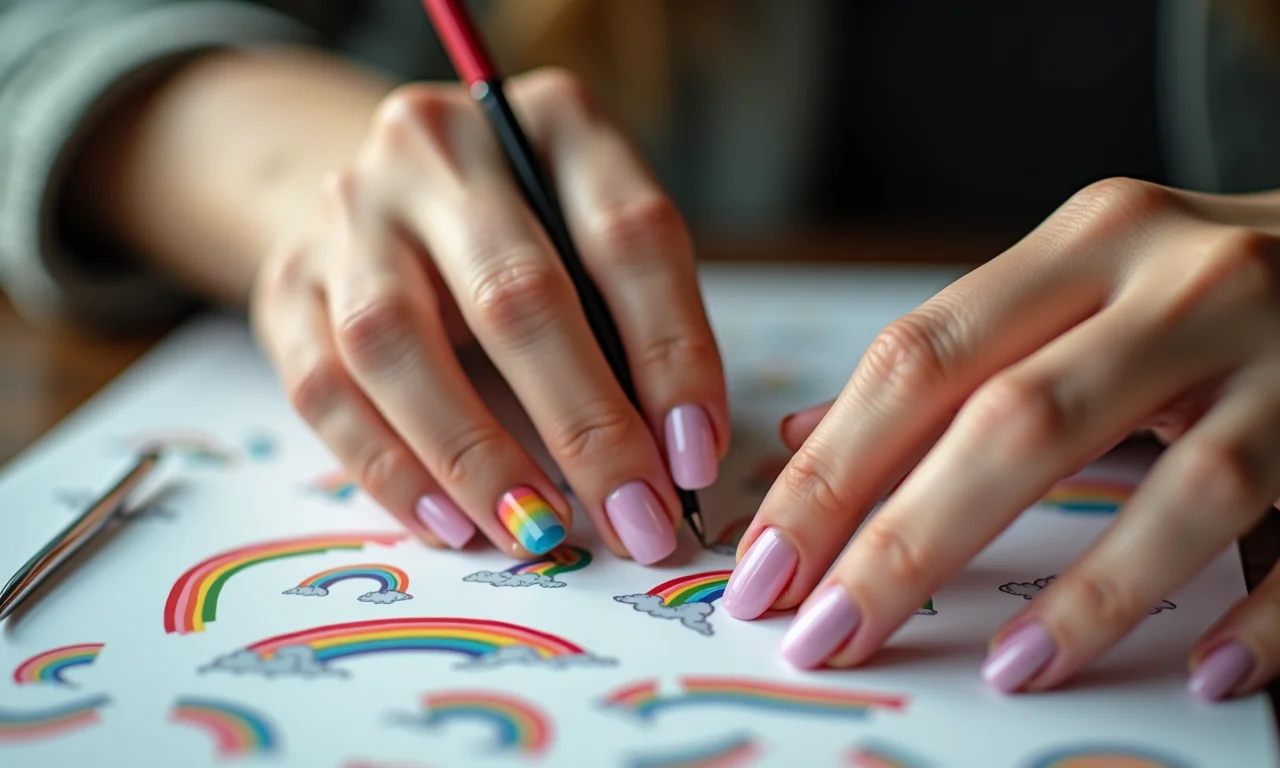 Aplicação de adesivos de arco-íris nas unhas.