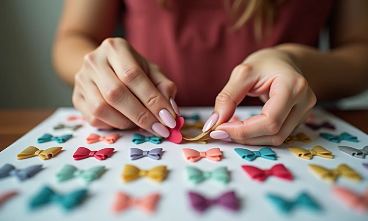 Aplicação de adesivos de lacinhos em unhas para decoração rápida e prática.