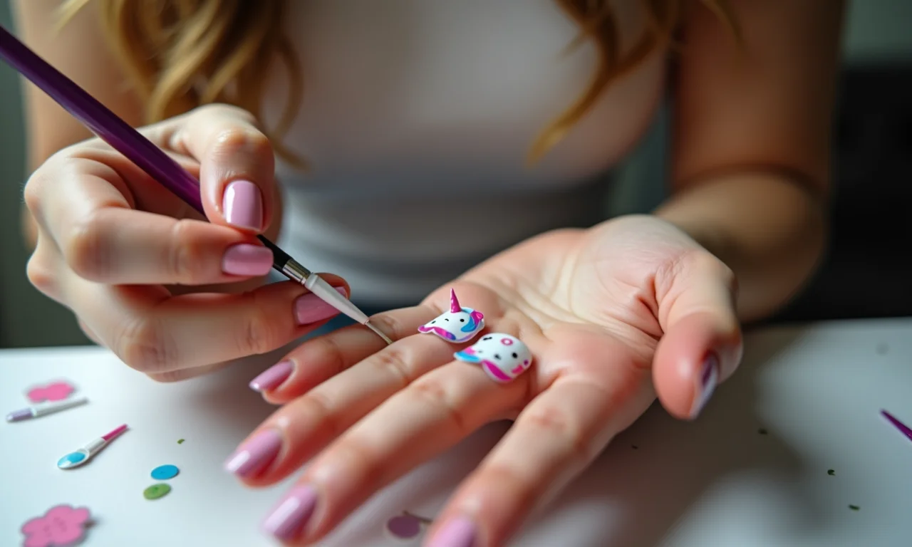 Aplicação de adesivos de unicórnio nas unhas