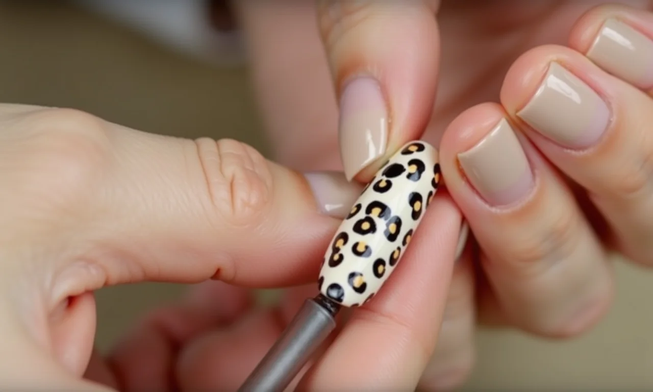 Aplicação de base bege nas unhas antes da estampa de oncinha.