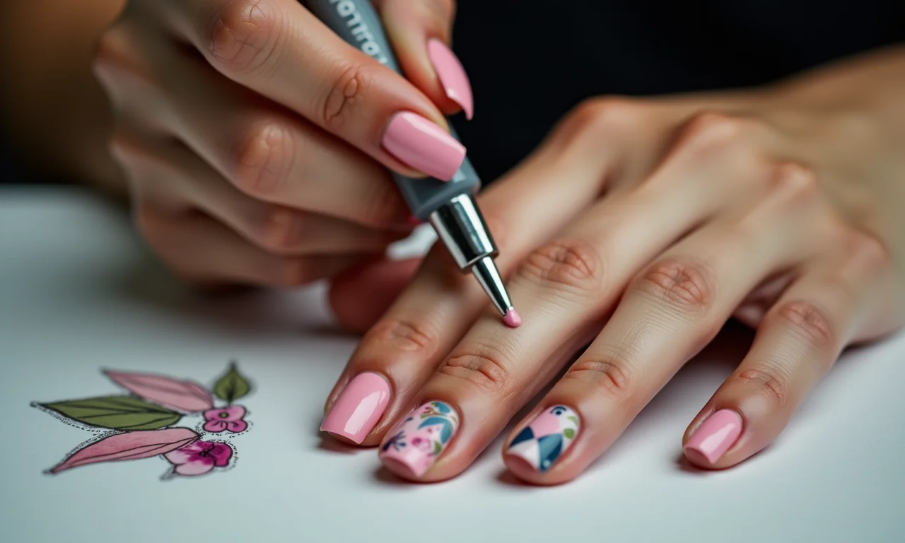 Aplicação de base e top coat em unhas geométricas.