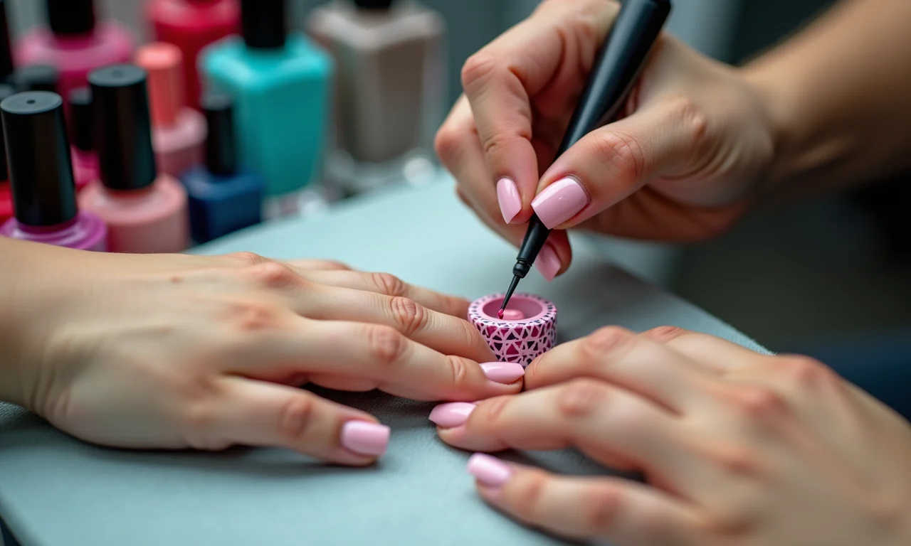 Aplicação de esmalte colorido em unhas geométricas com fita.