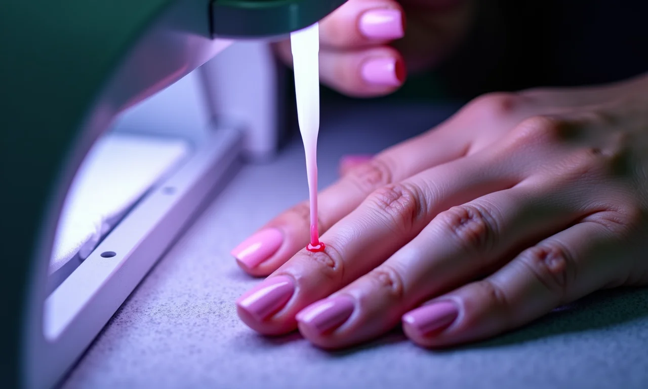 Aplicação de esmalte em gel sob luz UV, ambiente de salão.