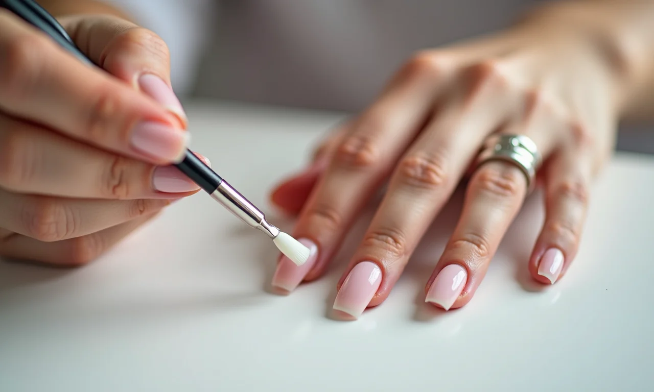 Aplicação de esmalte em gel transparente em close-up.