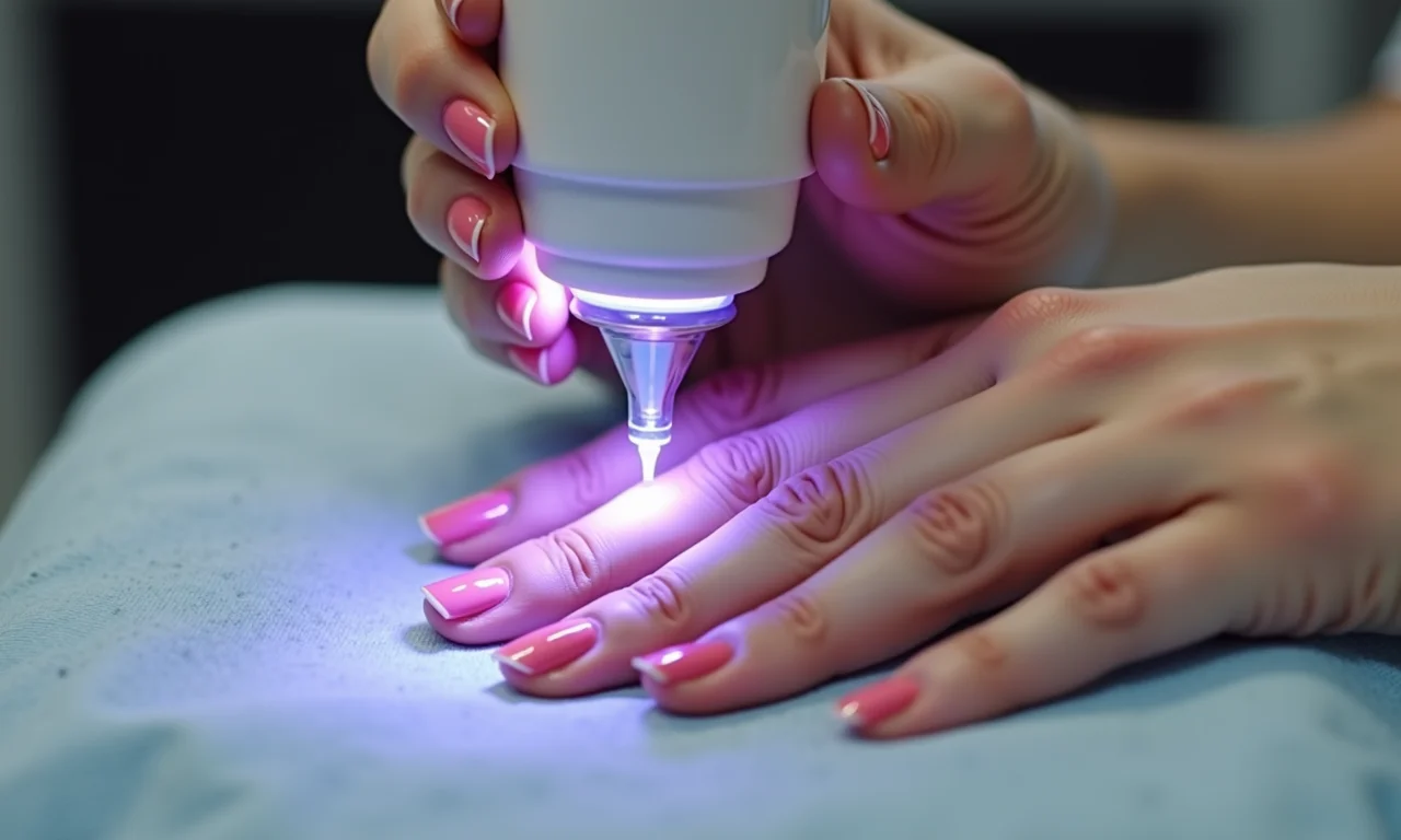 Aplicação de gel UV em unhas em um salão profissional.
