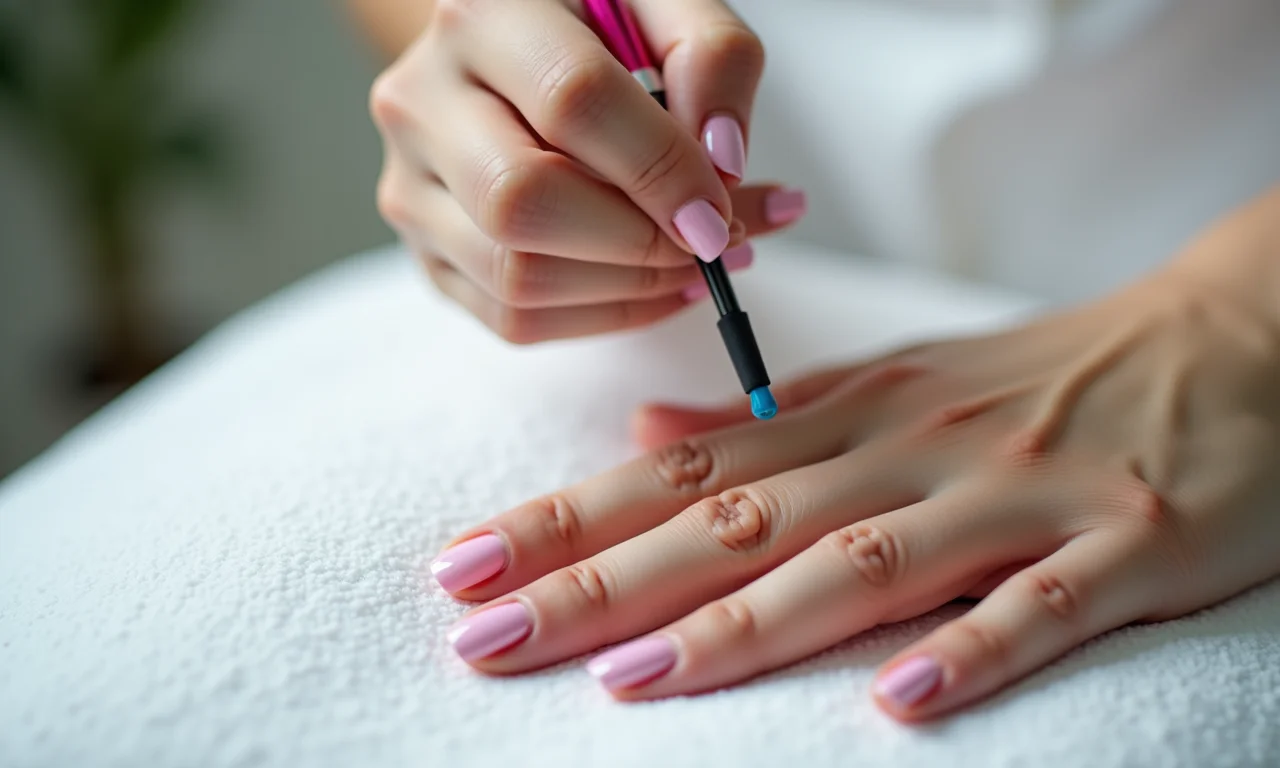 Aplicação de gel Vòlia em unhas de modelo.