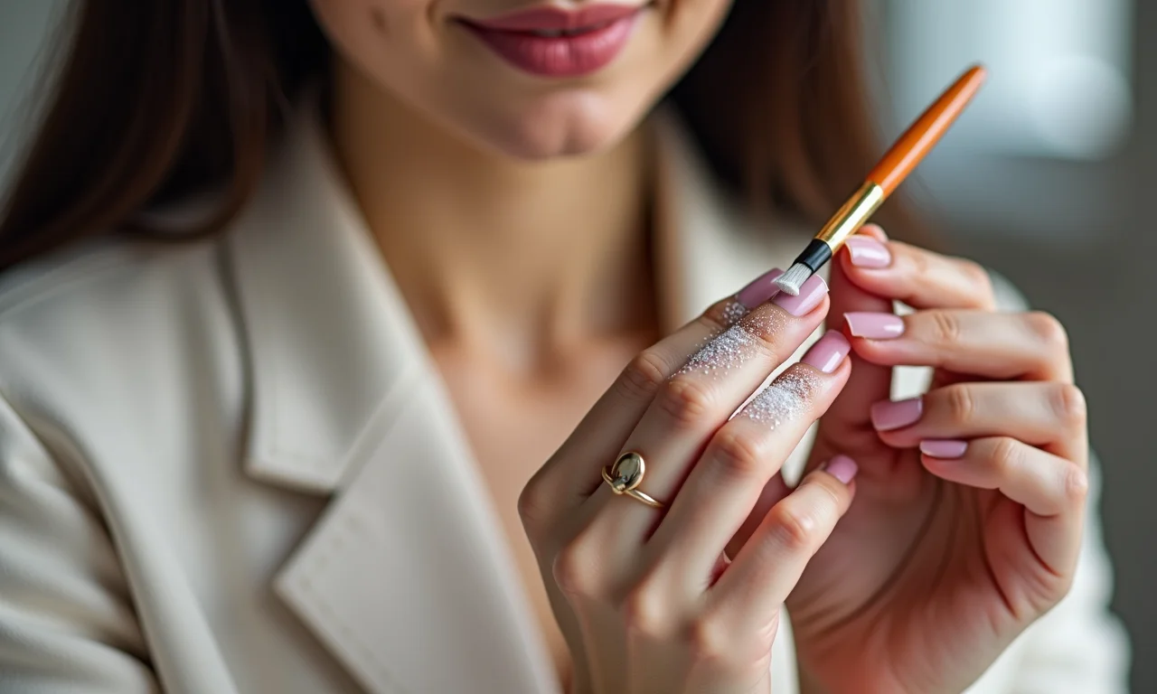 Aplicação de glitter branco nas unhas.