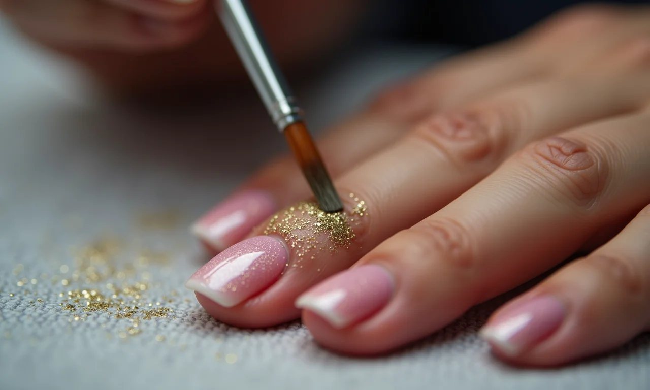 Aplicação de glitter em unhas curtas.