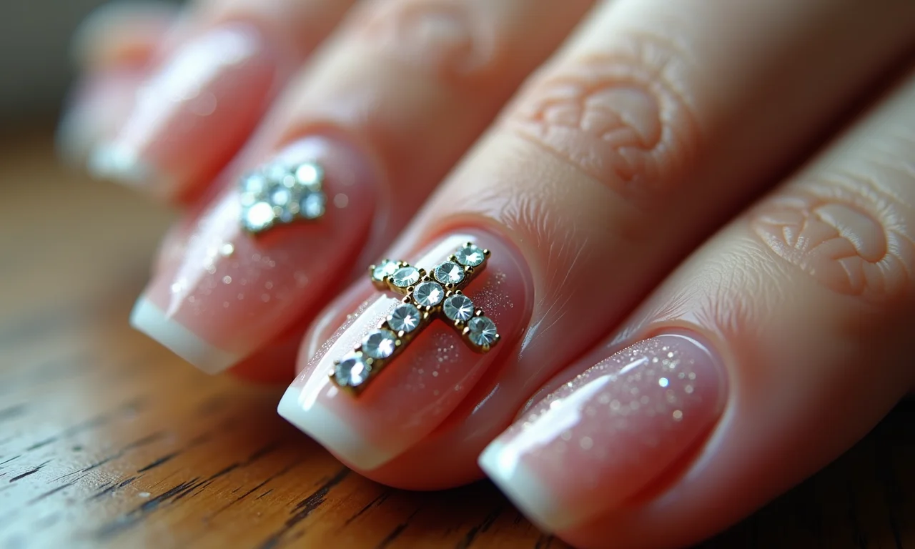 Aplicação de pedrarias em unhas com tema religioso.