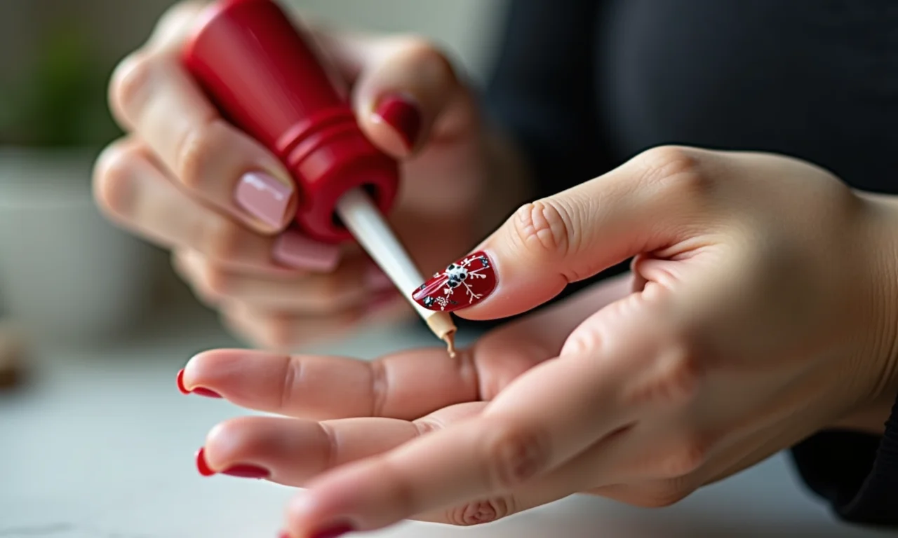 Aplicação de top coat para unhas decoradas de Natal.