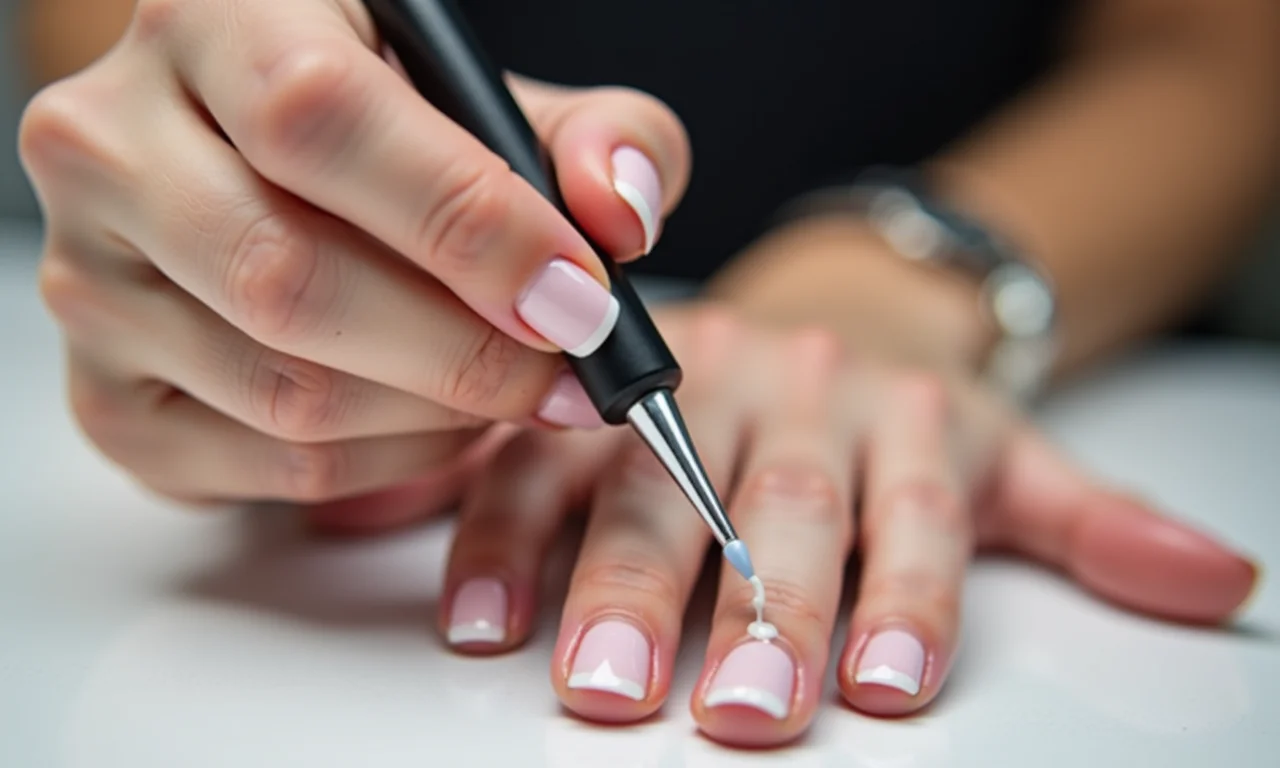 Aplicação de top coat selante em unhas de gel.