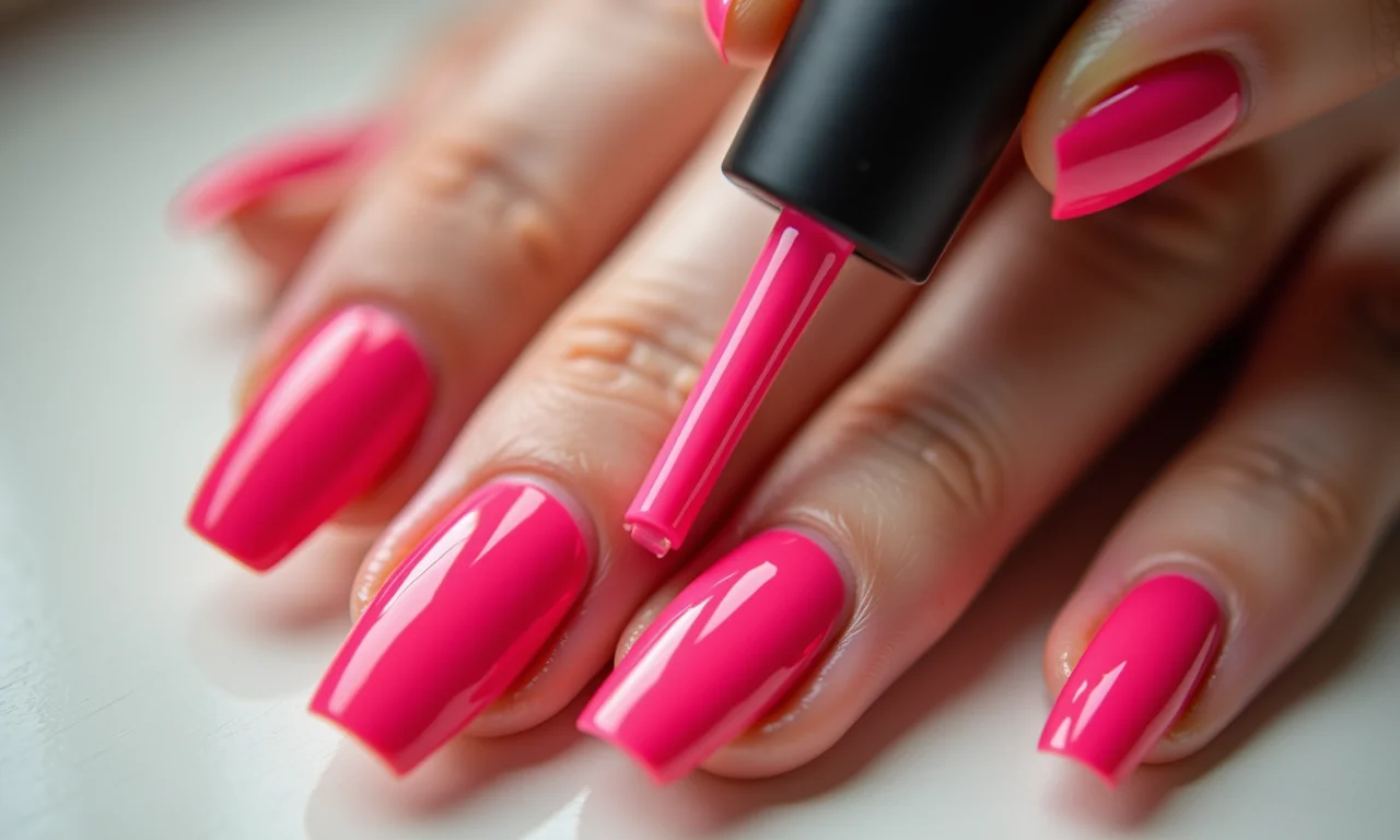 Aplicação do Top Coat Selante X&D em unhas de gel neon.