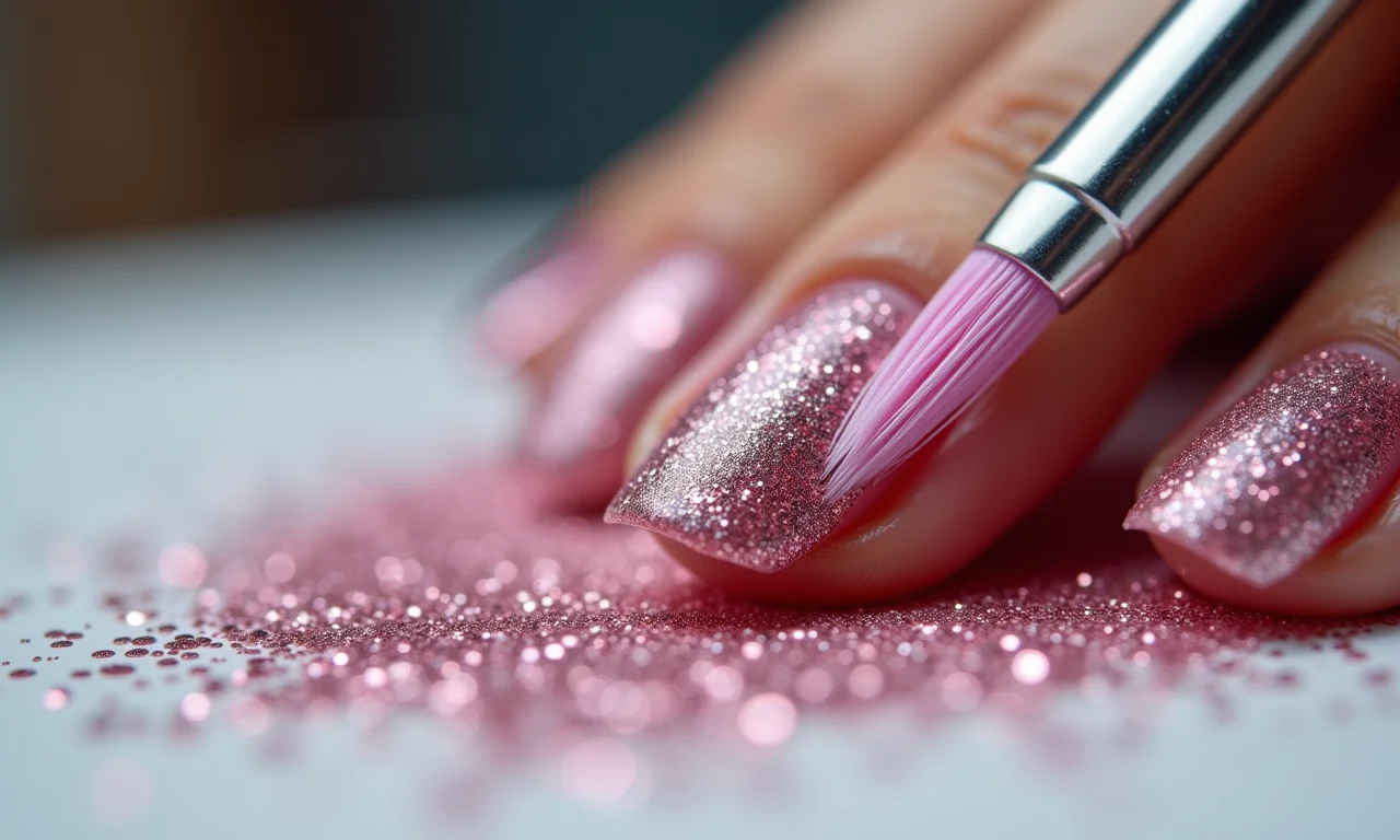 Aplicando glitter nas unhas com pincel.