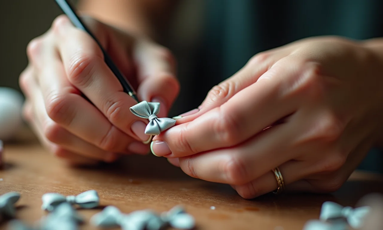 Artesã criando lacinhos feitos à mão para decoração de unhas com exclusividade.