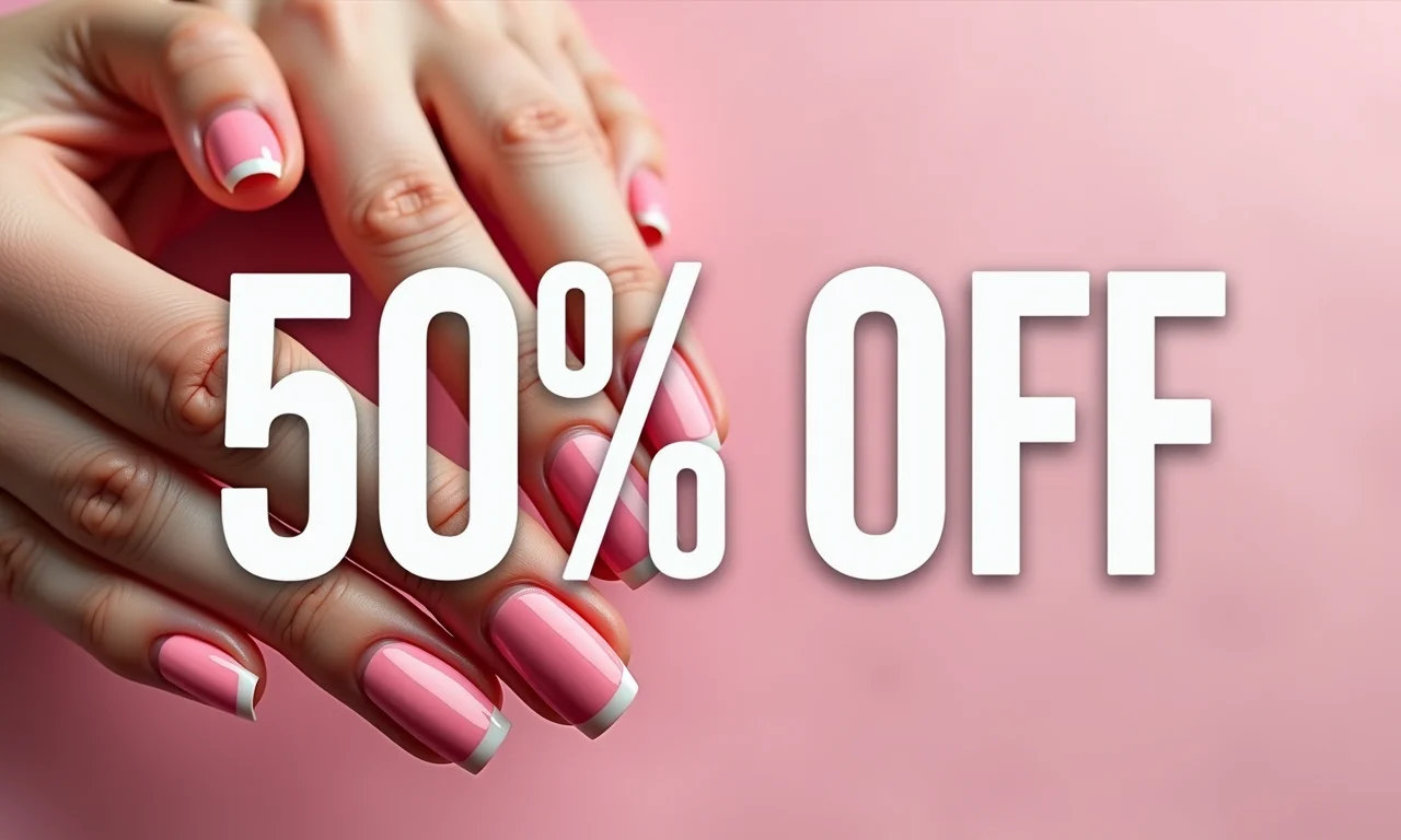 Banner de esmalteria com promoção de 50% de desconto em serviços.