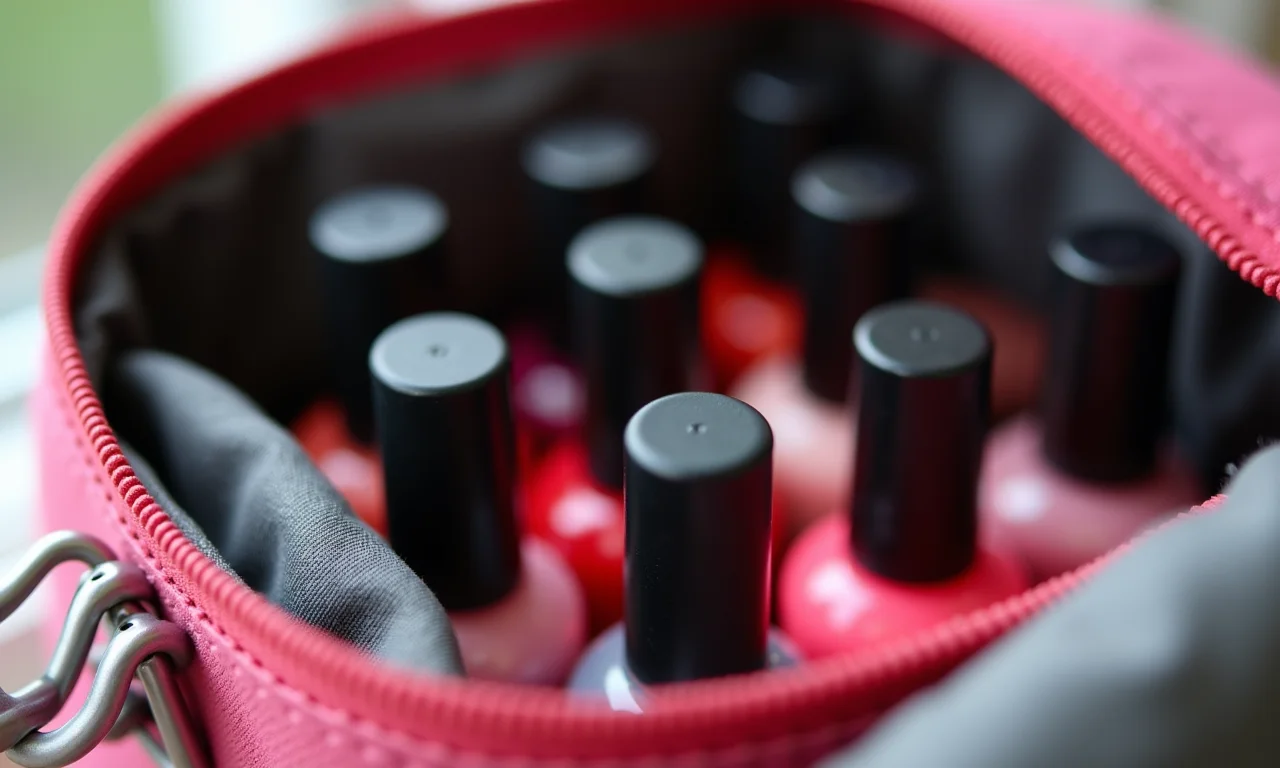 Bolsa maleta porta esmaltes com diversos frascos de esmalte.