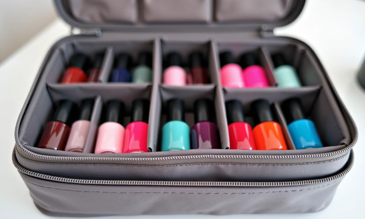 Bolsa organizadora porta esmaltes com compartimentos internos.