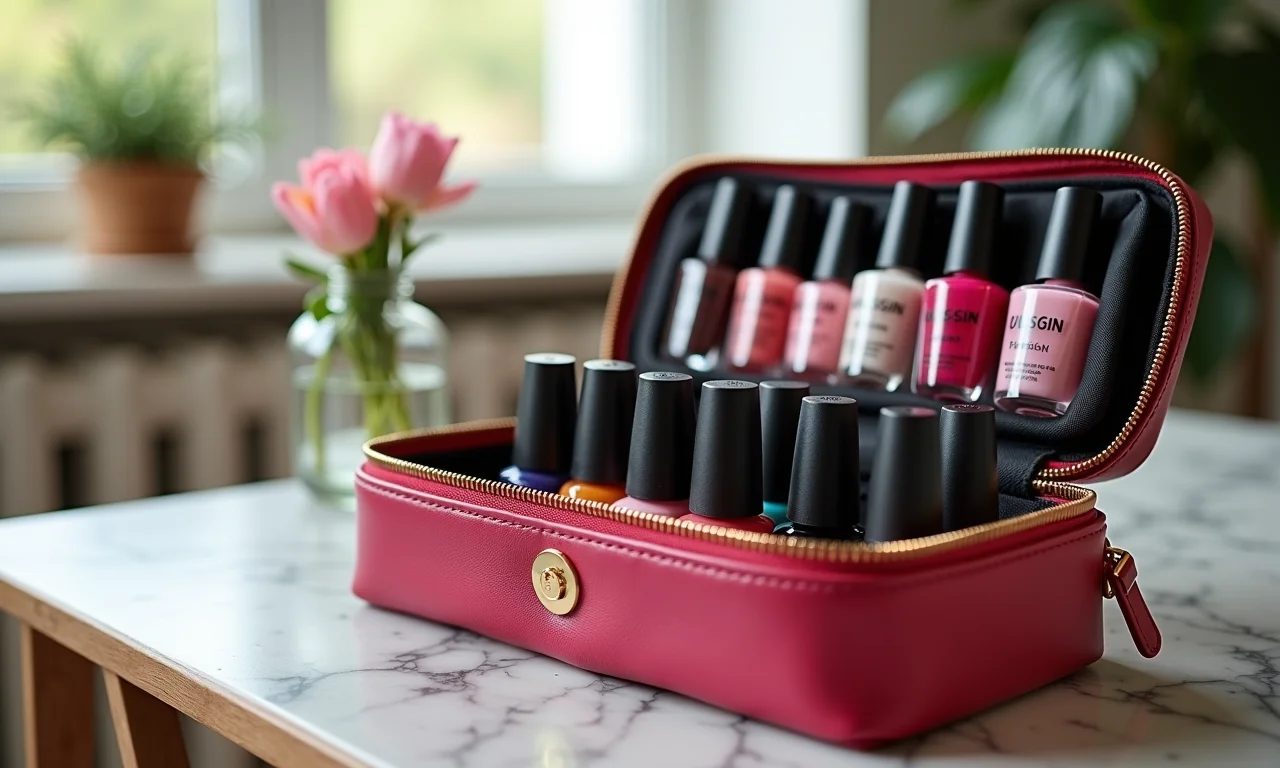 Bolsa porta esmaltes de couro sintético.