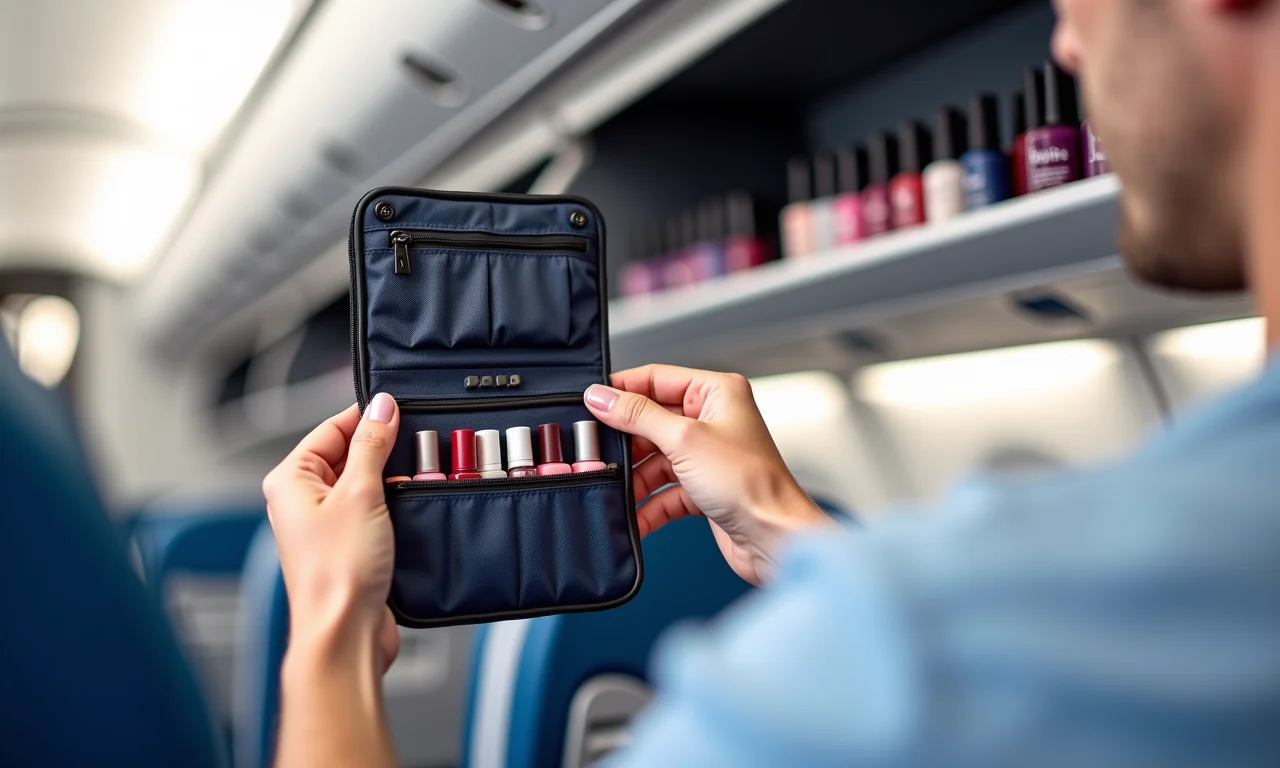 Bolsa porta esmaltes dentro do compartimento de bagagem de avião.