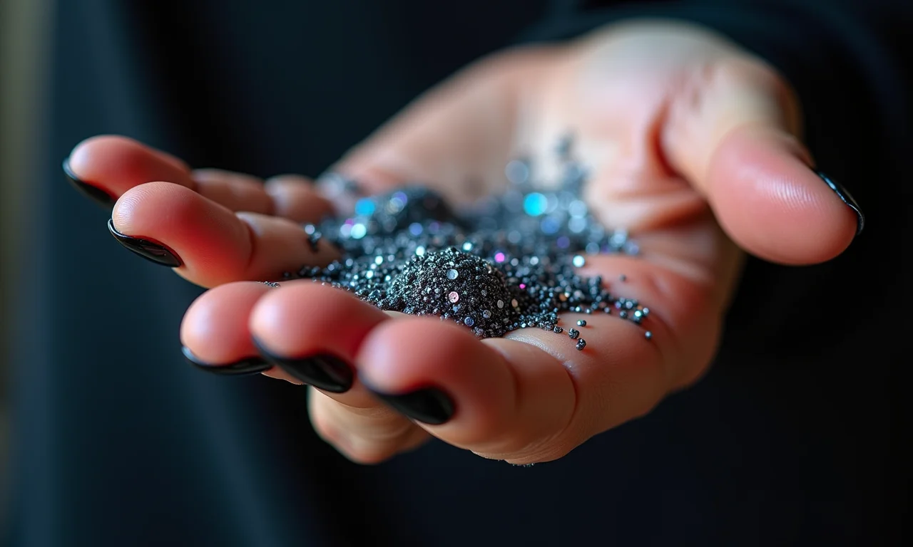 Brilho mágico: unhas pretas com glitter holográfico.