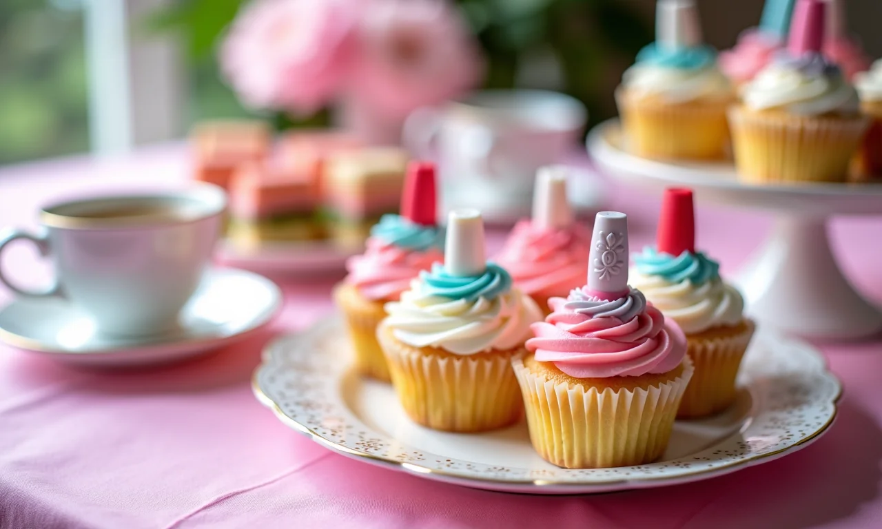Cardápio temático e delicioso para chá de esmalte: cupcakes decorados e sanduíches coloridos.